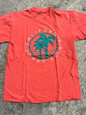 California Coast Club Short Sleeve Tee - Coral with Teal Graphic single stitch